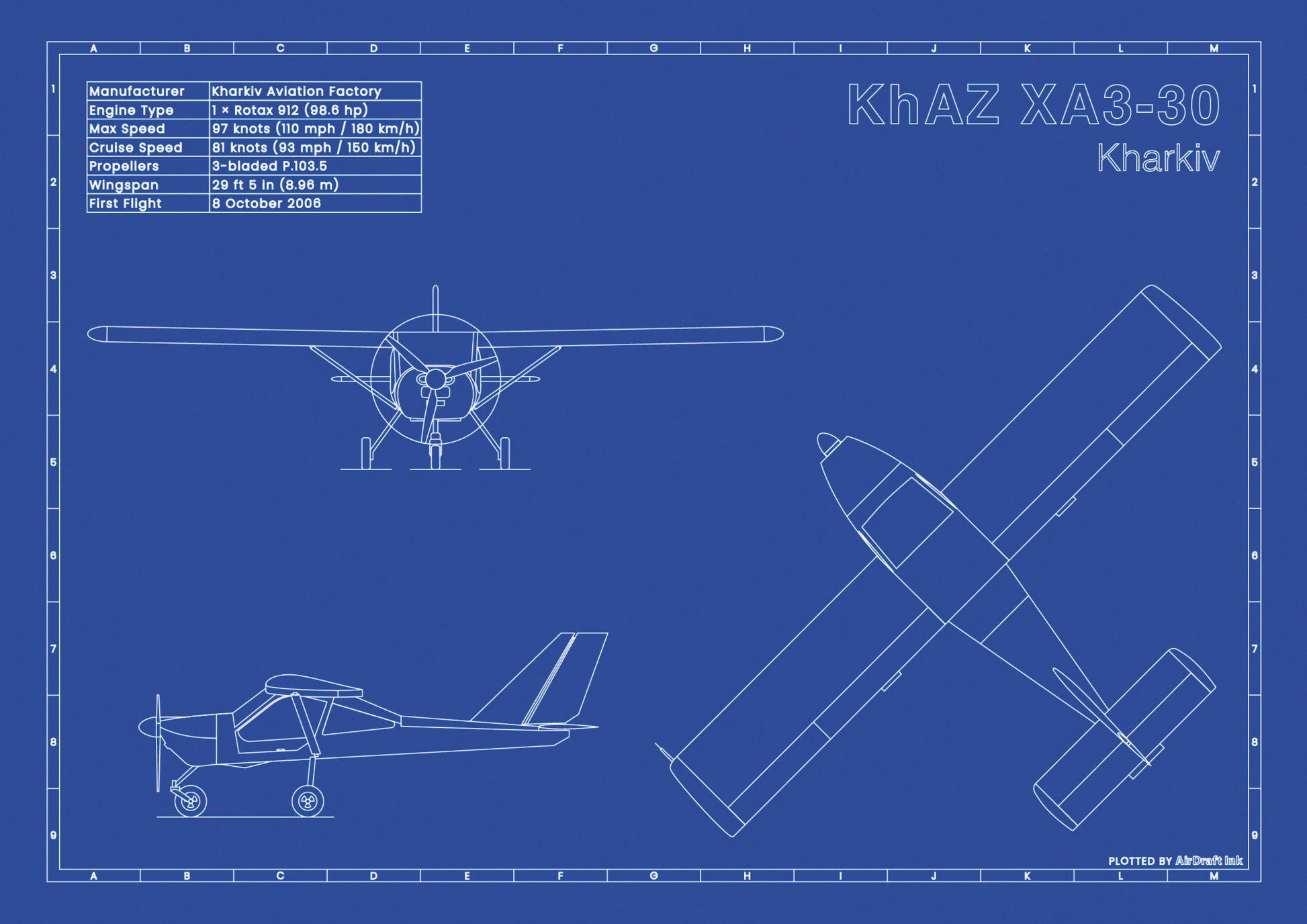 Kharkiv KhAZ 30 technical aircraft plan drawing in blueprint style, aviation wall art poster gift for aircraft enthusiasts and pilots.