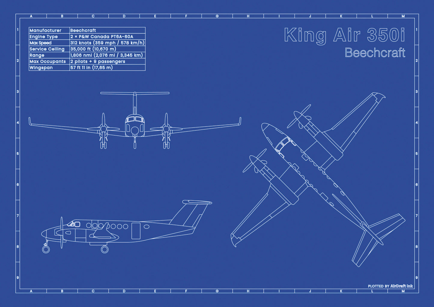Beechcraft King Air 350i technical aircraft plan drawing in blueprint style, aviation wall art poster gift for aircraft enthusiasts and pilots.