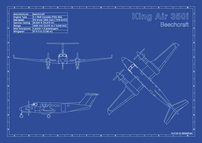 Beechcraft King Air 350i technical aircraft plan drawing in blueprint style, aviation wall art poster gift for aircraft enthusiasts and pilots.