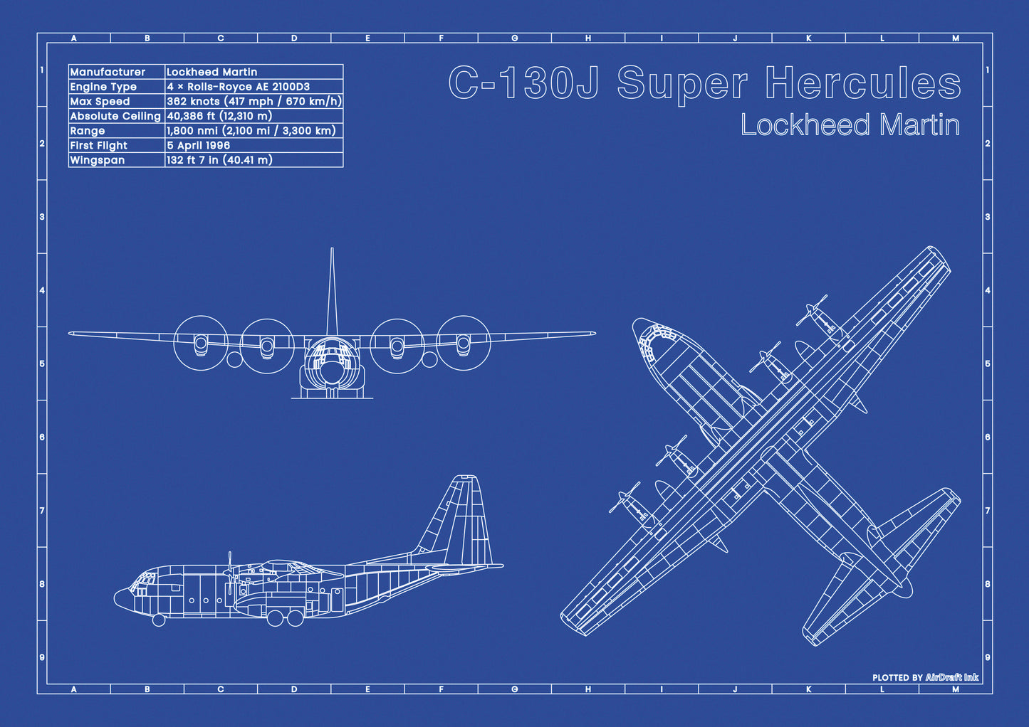 Lockheed C-130J Super Hercules technical aircraft plan drawing in blueprint style, aviation wall art poster gift for aircraft enthusiasts and pilots.