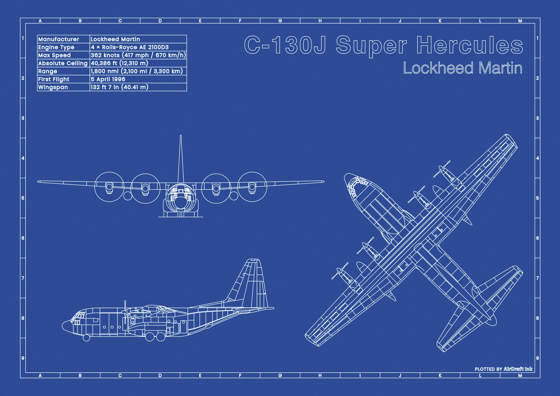 Lockheed C-130J Super Hercules technical aircraft plan drawing in blueprint style, aviation wall art poster gift for aircraft enthusiasts and pilots.