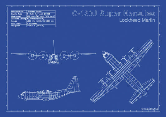 Lockheed C-130J Super Hercules technical aircraft plan drawing in blueprint style, aviation wall art poster gift for aircraft enthusiasts and pilots.