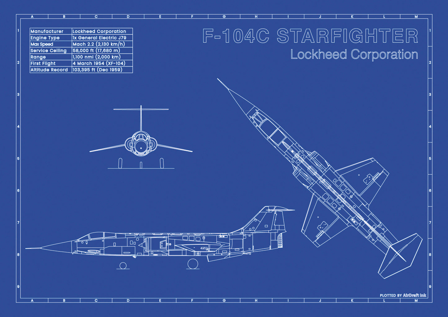 Lockheed F-104C Starfighter technical aircraft plan drawing in blueprint style, aviation wall art poster gift for aircraft enthusiasts and pilots.