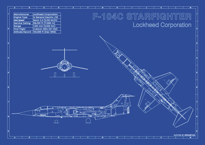 Lockheed F-104C Starfighter technical aircraft plan drawing in blueprint style, aviation wall art poster gift for aircraft enthusiasts and pilots.