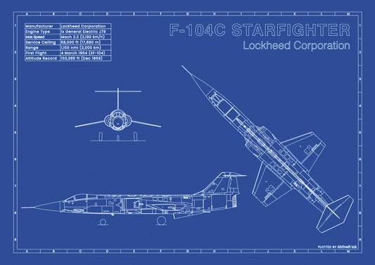 Lockheed F-104C Starfighter technical aircraft plan drawing in blueprint style, aviation wall art poster gift for aircraft enthusiasts and pilots.