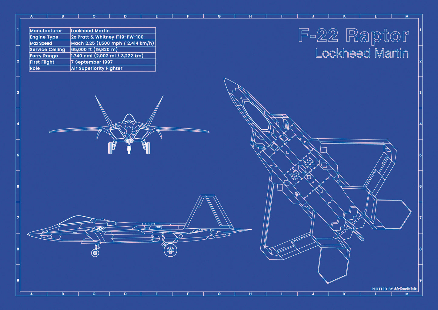 Lockheed F-22 Raptor technical aircraft plan drawing in blueprint style, aviation wall art poster gift for aircraft enthusiasts and pilots.
