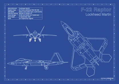 Lockheed F-22 Raptor technical aircraft plan drawing in blueprint style, aviation wall art poster gift for aircraft enthusiasts and pilots.