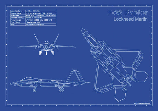 Lockheed F-22 Raptor technical aircraft plan drawing in blueprint style, aviation wall art poster gift for aircraft enthusiasts and pilots.