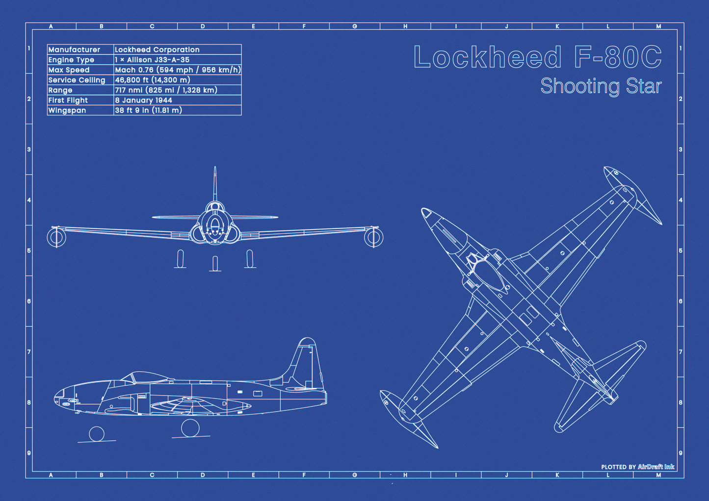 Lockheed F-80C Shooting Star technical aircraft plan drawing in blueprint style, aviation wall art poster gift for aircraft enthusiasts and pilots.