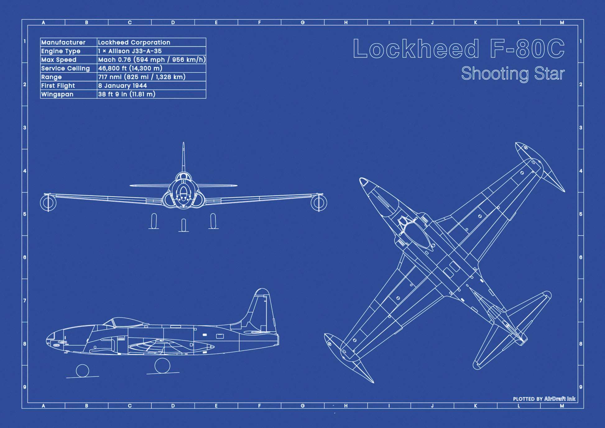 Lockheed F-80C Shooting Star technical aircraft plan drawing in blueprint style, aviation wall art poster gift for aircraft enthusiasts and pilots.