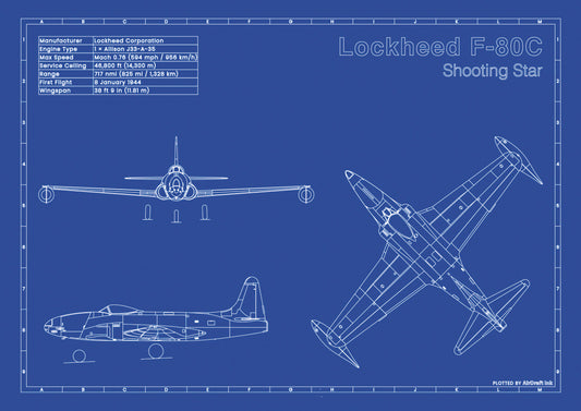 Lockheed F-80C Shooting Star technical aircraft plan drawing in blueprint style, aviation wall art poster gift for aircraft enthusiasts and pilots.