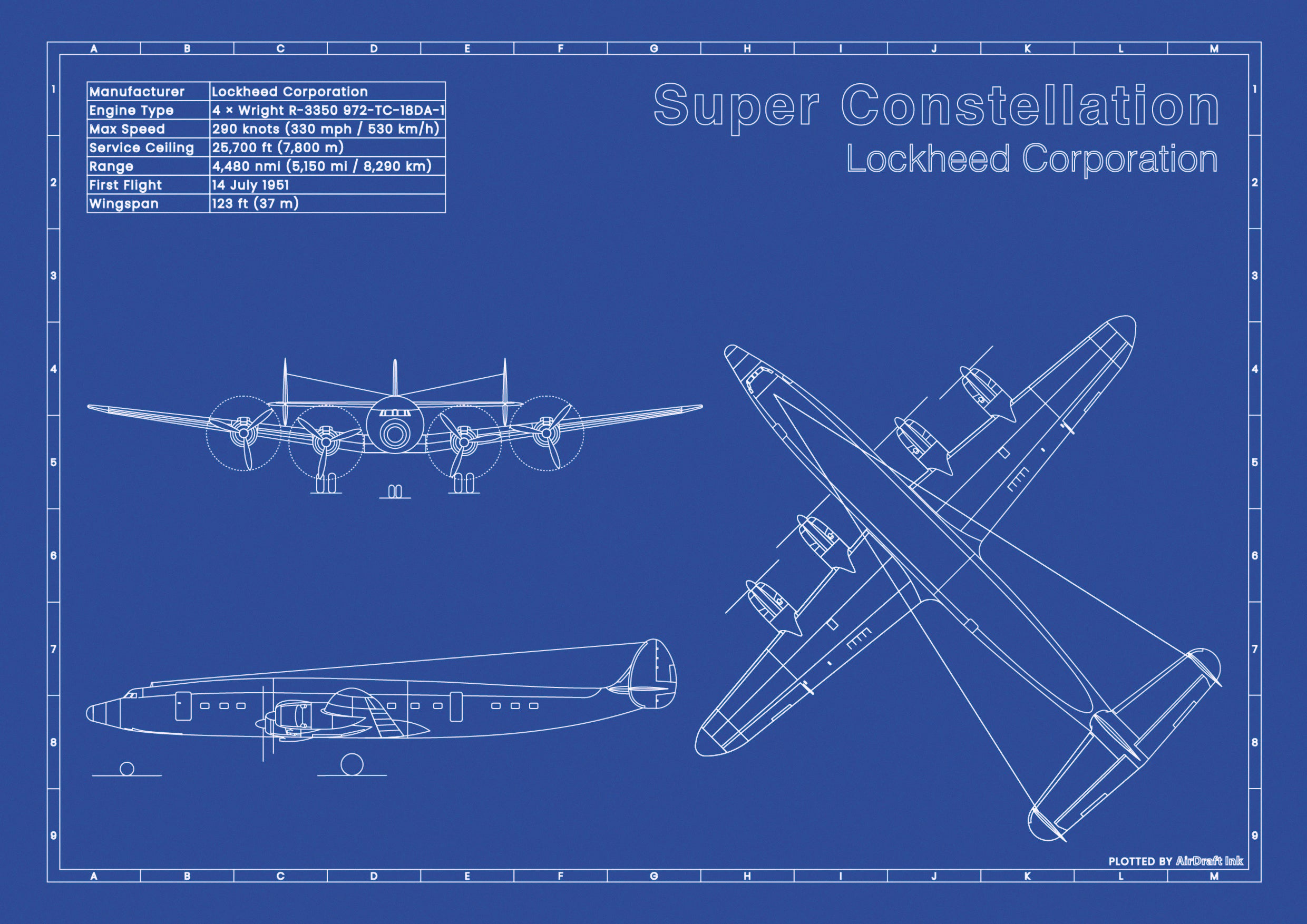 Lockheed Constellation｜Technical blueprint, Drawn in Ink｜Perfect gift ...