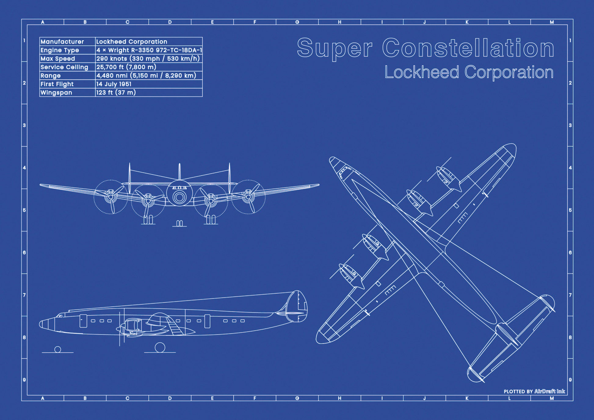 Lockheed Super Constellation technical aircraft plan drawing in blueprint style, aviation wall art poster gift for aircraft enthusiasts and pilots.