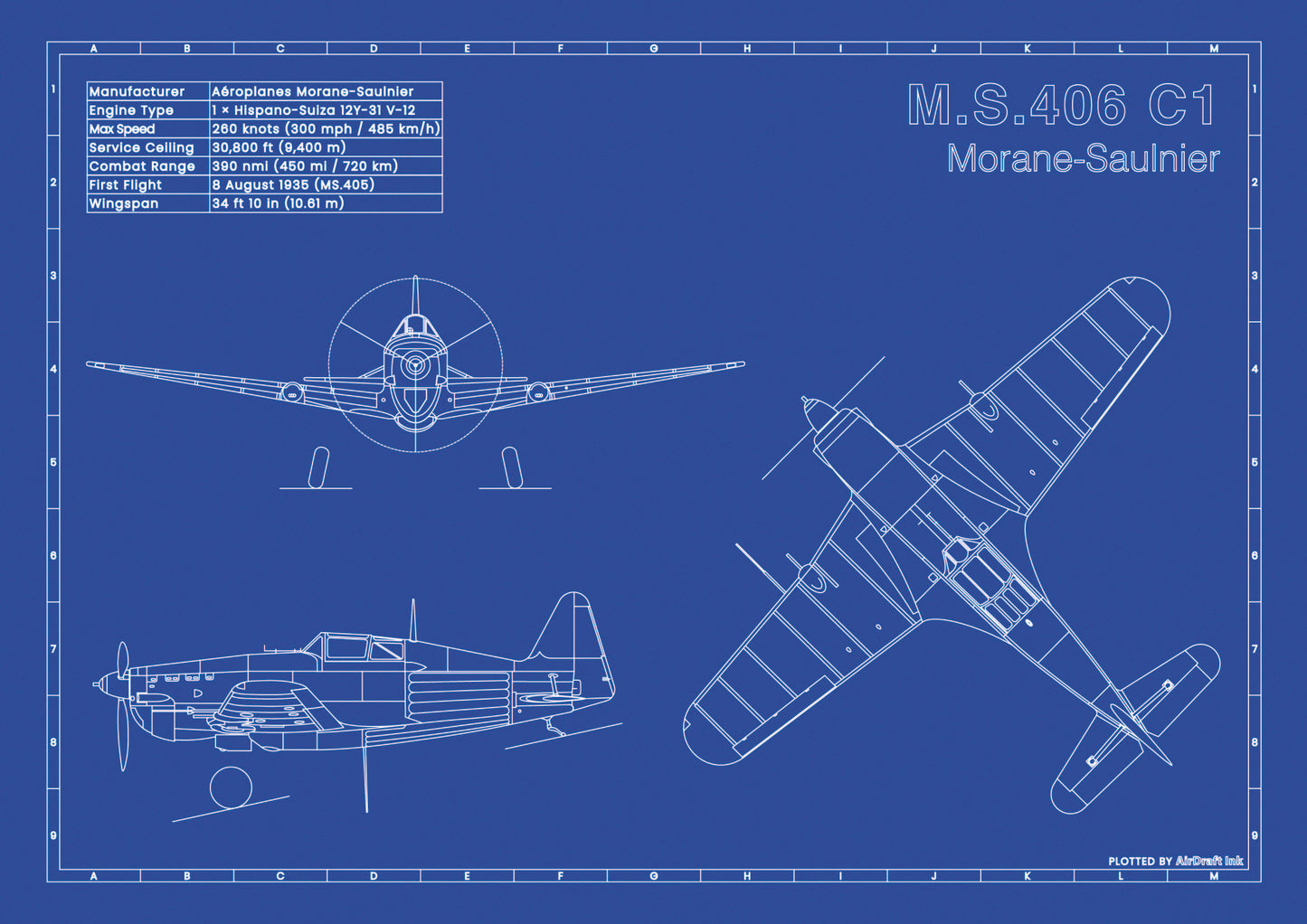 Morane-Saulnier M.S.406 C1 technical aircraft plan drawing in blueprint style, aviation wall art poster gift for aircraft enthusiasts and pilots.