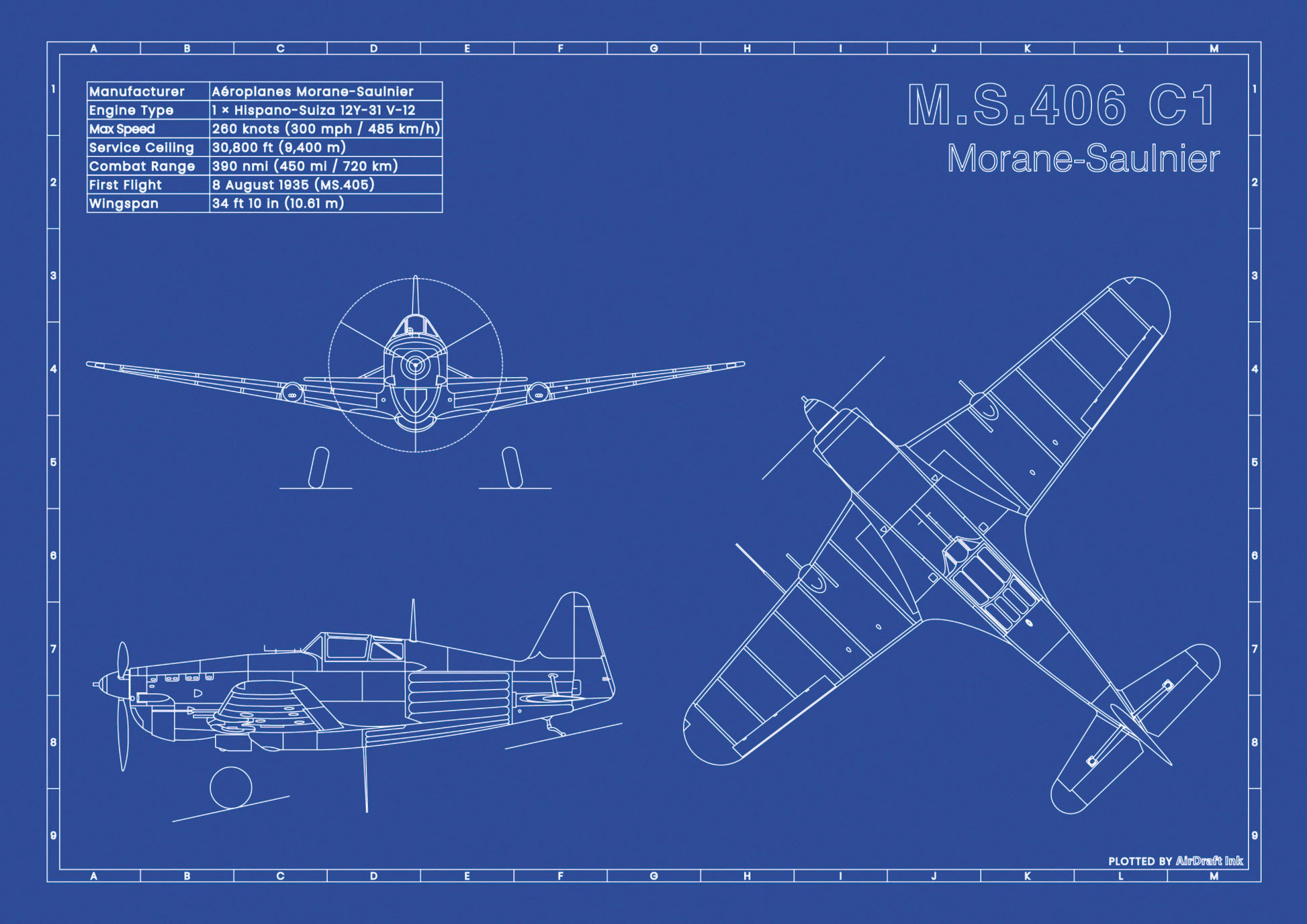 Morane-Saulnier M.S.406 C1 technical aircraft plan drawing in blueprint style, aviation wall art poster gift for aircraft enthusiasts and pilots.