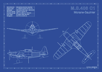 Morane-Saulnier M.S.406 C1 technical aircraft plan drawing in blueprint style, aviation wall art poster gift for aircraft enthusiasts and pilots.