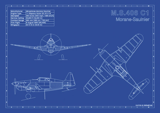 Morane-Saulnier M.S.406 C1 technical aircraft plan drawing in blueprint style, aviation wall art poster gift for aircraft enthusiasts and pilots.