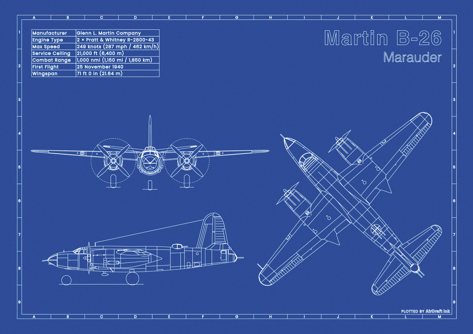 Martin B-26 Marauder technical aircraft plan drawing in blueprint style, aviation wall art poster gift for aircraft enthusiasts and pilots.