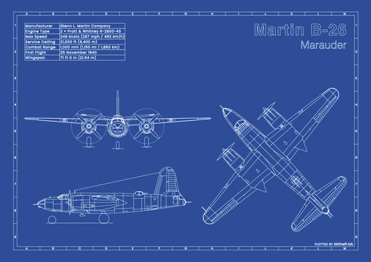 Martin B-26 Marauder technical aircraft plan drawing in blueprint style, aviation wall art poster gift for aircraft enthusiasts and pilots.
