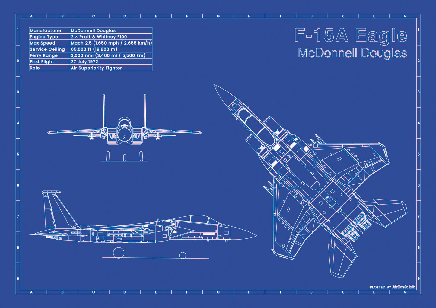 McDonnell Douglas F-15A Eagle technical aircraft plan drawing in blueprint style, aviation wall art poster gift for aircraft enthusiasts and pilots.