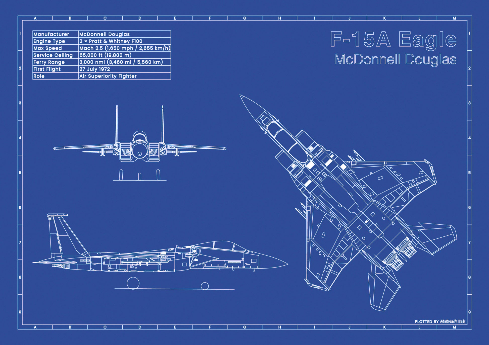 McDonnell Douglas F-15A Eagle technical aircraft plan drawing in blueprint style, aviation wall art poster gift for aircraft enthusiasts and pilots.