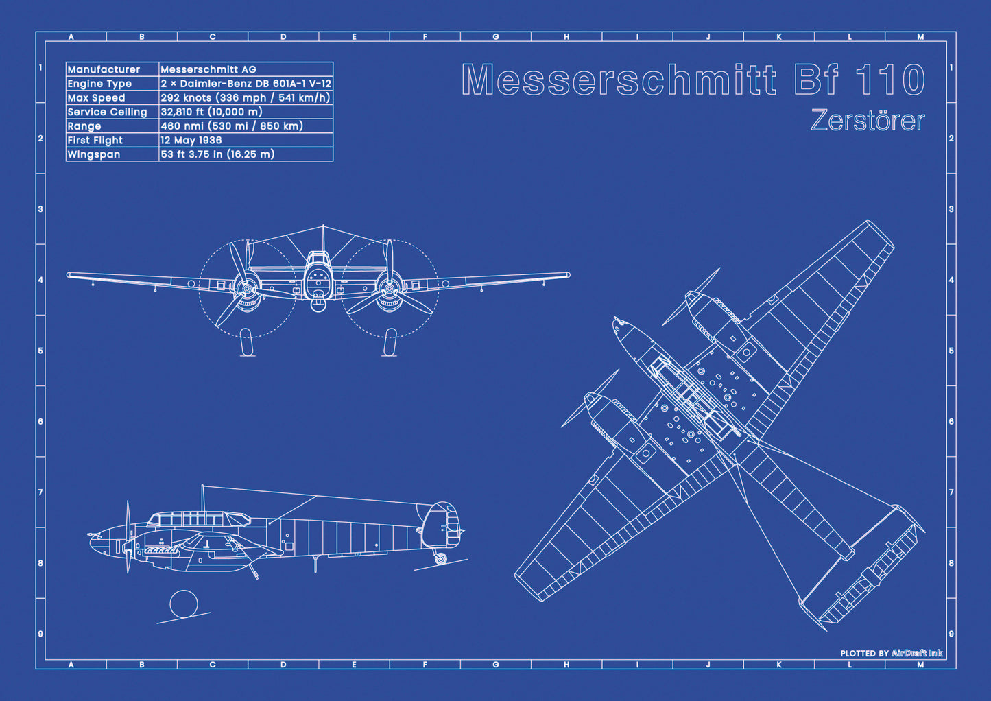 Messerschmitt-BF-110 technical aircraft plan drawing in blueprint style, aviation wall art poster gift for aircraft enthusiasts and pilots.