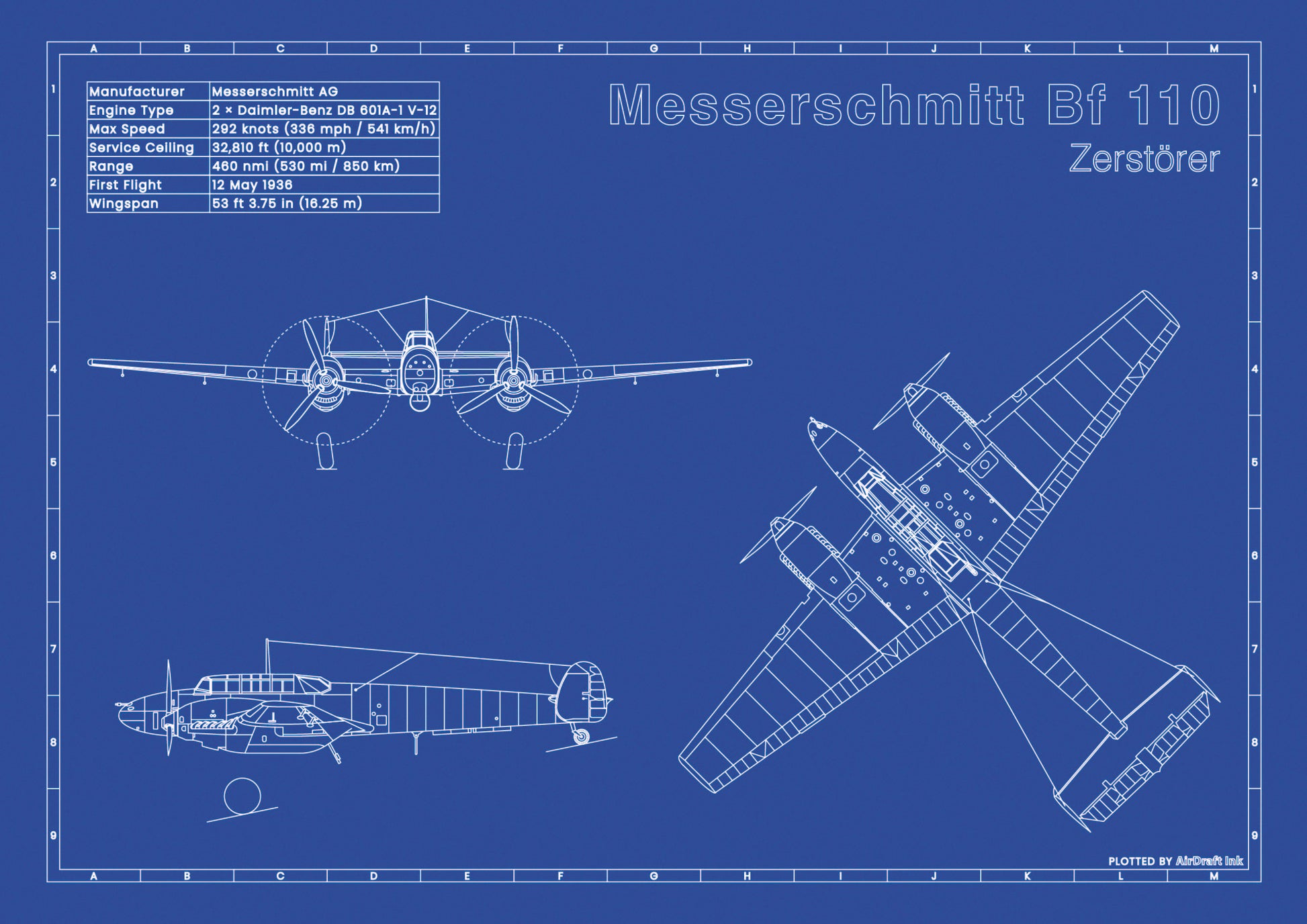 Messerschmitt-BF-110 technical aircraft plan drawing in blueprint style, aviation wall art poster gift for aircraft enthusiasts and pilots.