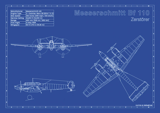 Messerschmitt-BF-110 technical aircraft plan drawing in blueprint style, aviation wall art poster gift for aircraft enthusiasts and pilots.