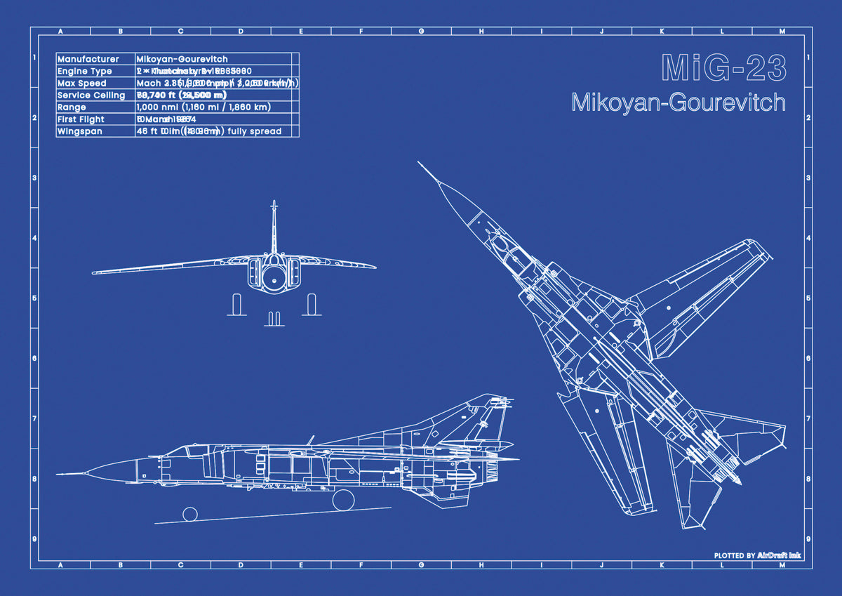 MiG-23 technical aircraft plan drawing in blueprint style, aviation wall art poster gift for aircraft enthusiasts and pilots.