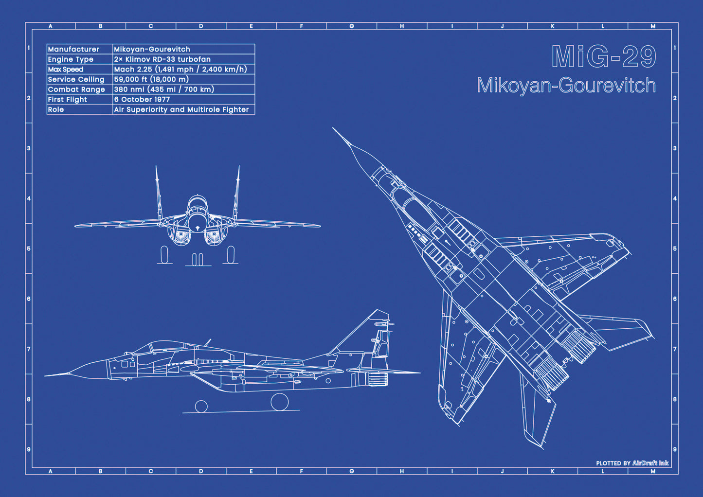 MiG-29 technical aircraft plan drawing in blueprint style, aviation wall art poster gift for aircraft enthusiasts and pilots.