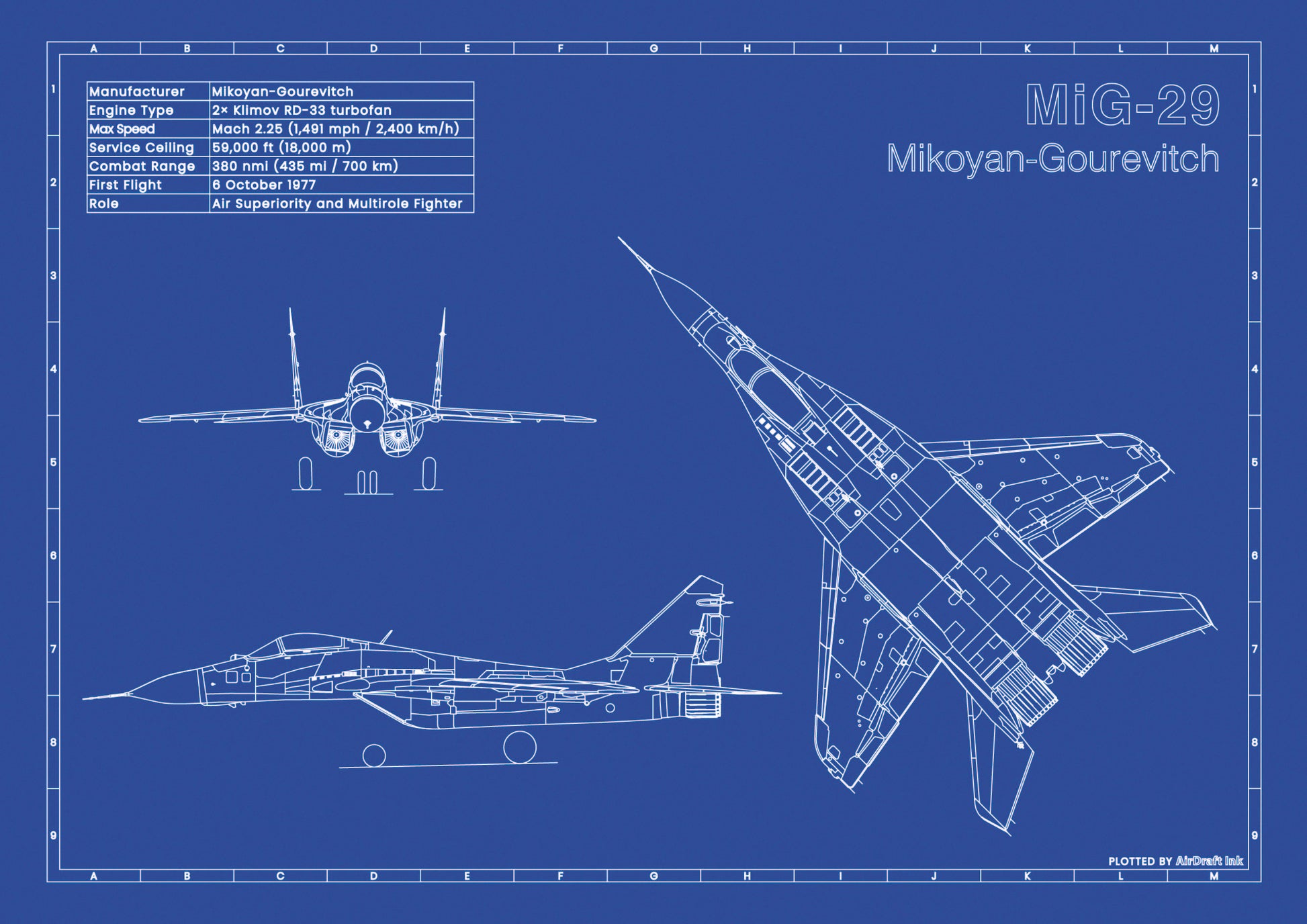 MiG-29 technical aircraft plan drawing in blueprint style, aviation wall art poster gift for aircraft enthusiasts and pilots.