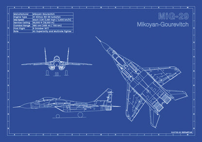 MiG-29 technical aircraft plan drawing in blueprint style, aviation wall art poster gift for aircraft enthusiasts and pilots.