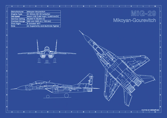 MiG-29 technical aircraft plan drawing in blueprint style, aviation wall art poster gift for aircraft enthusiasts and pilots.