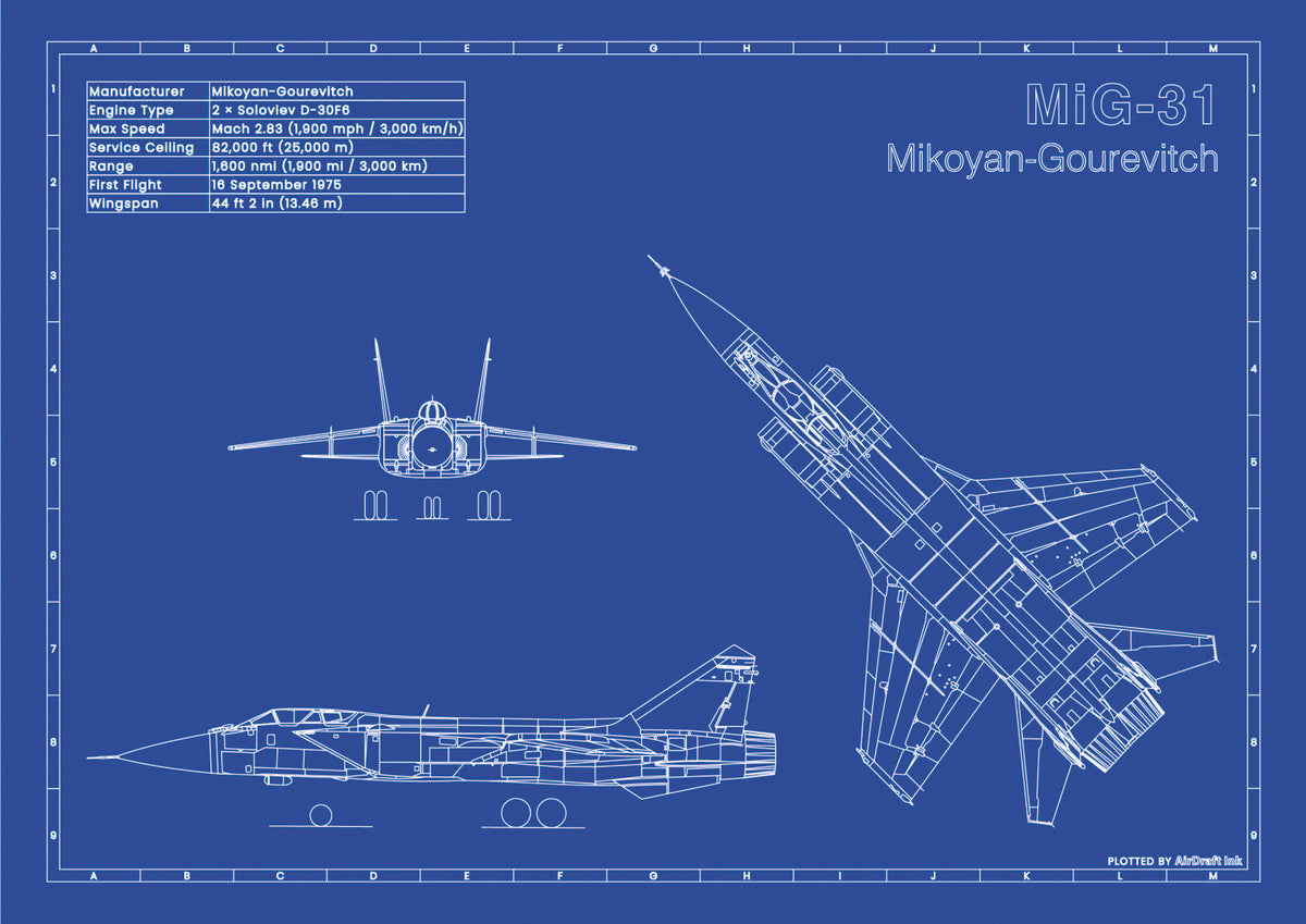 MiG-31 technical aircraft plan drawing in blueprint style, aviation wall art poster gift for aircraft enthusiasts and pilots.
