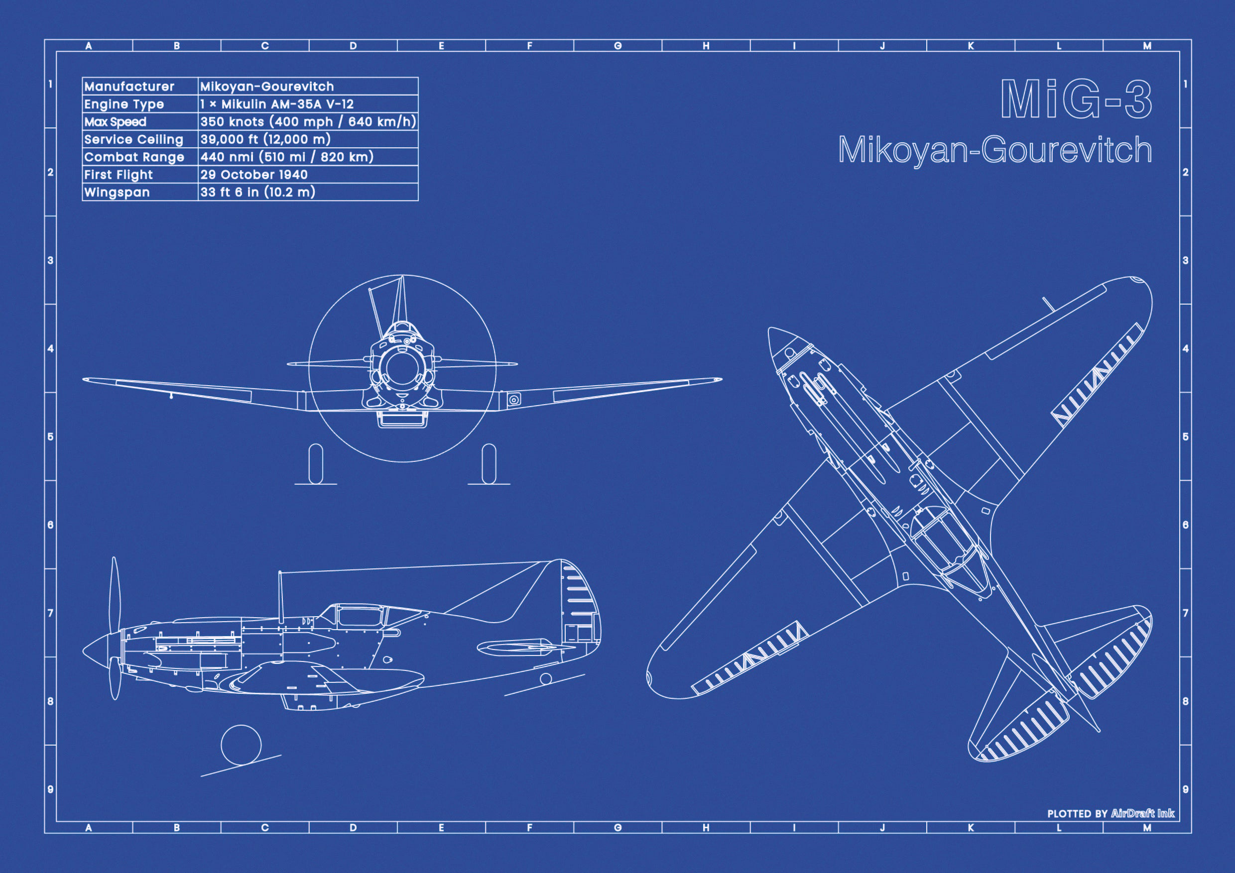 Mikoyan-Gurevich MiG-3｜Technical blueprint, Drawn in Ink｜Perfect gift ...