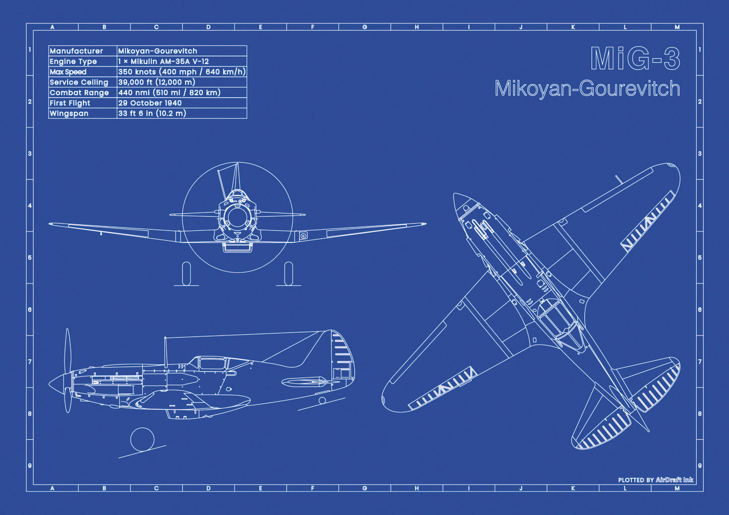MiG 3 technical aircraft plan drawing in blueprint style, aviation wall art poster gift for aircraft enthusiasts and pilots.