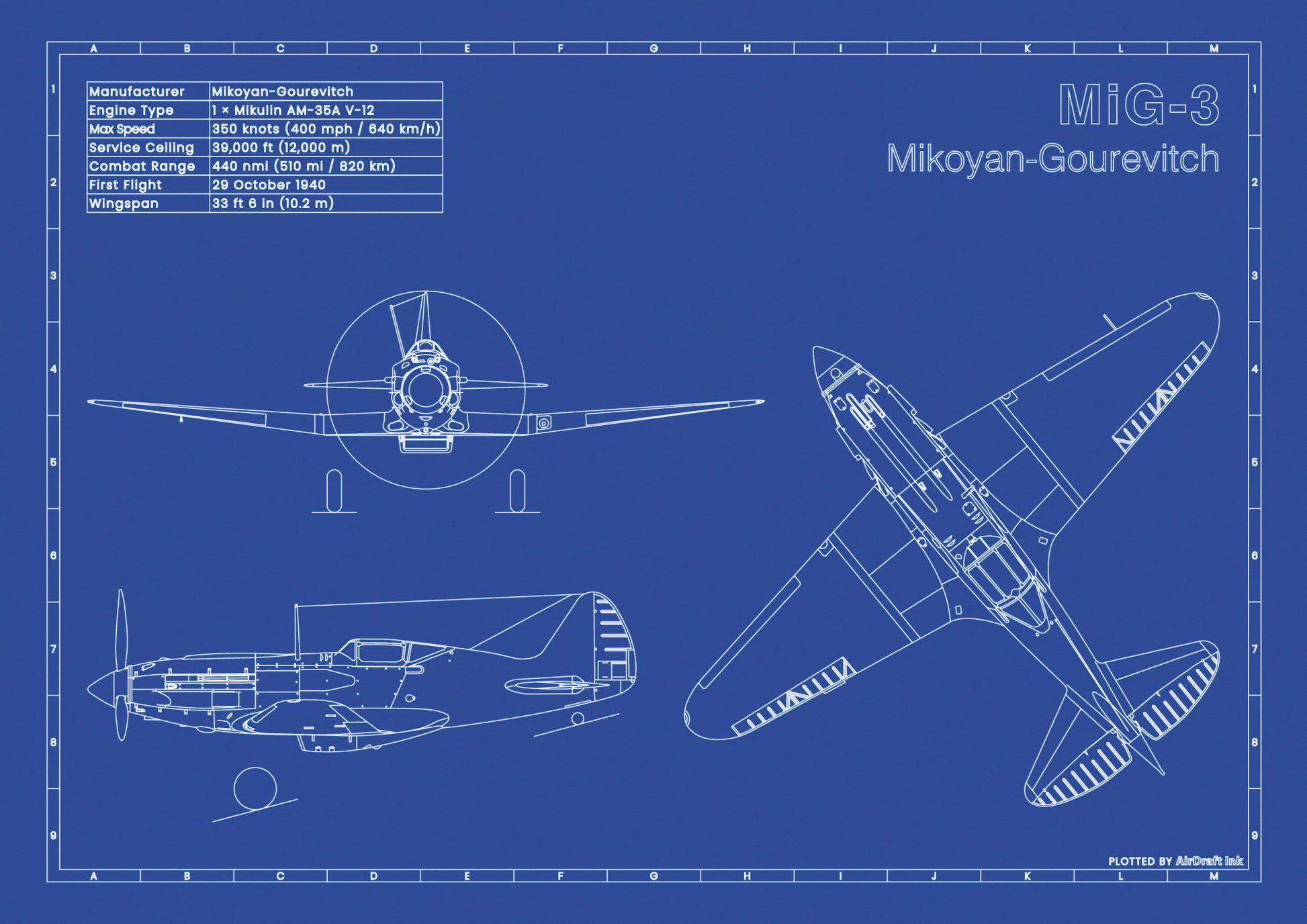 MiG 3 technical aircraft plan drawing in blueprint style, aviation wall art poster gift for aircraft enthusiasts and pilots.