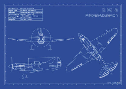 MiG 3 technical aircraft plan drawing in blueprint style, aviation wall art poster gift for aircraft enthusiasts and pilots.