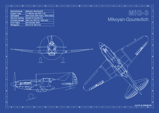 MiG 3 technical aircraft plan drawing in blueprint style, aviation wall art poster gift for aircraft enthusiasts and pilots.