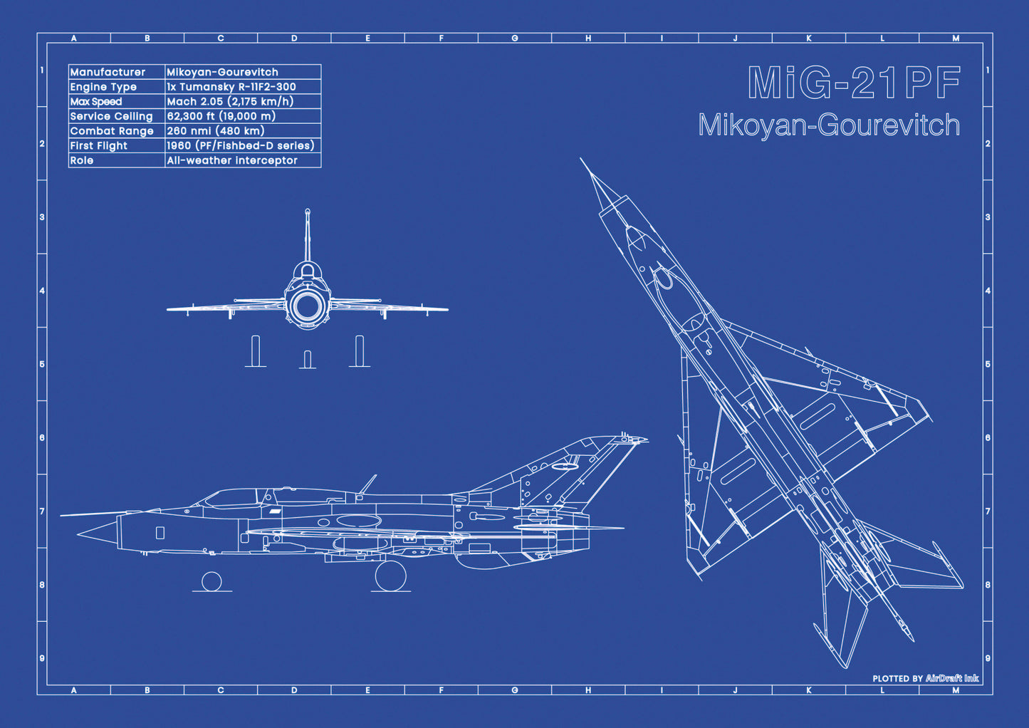 Mig-21 PF technical aircraft plan drawing in blueprint style, aviation wall art poster gift for aircraft enthusiasts and pilots.