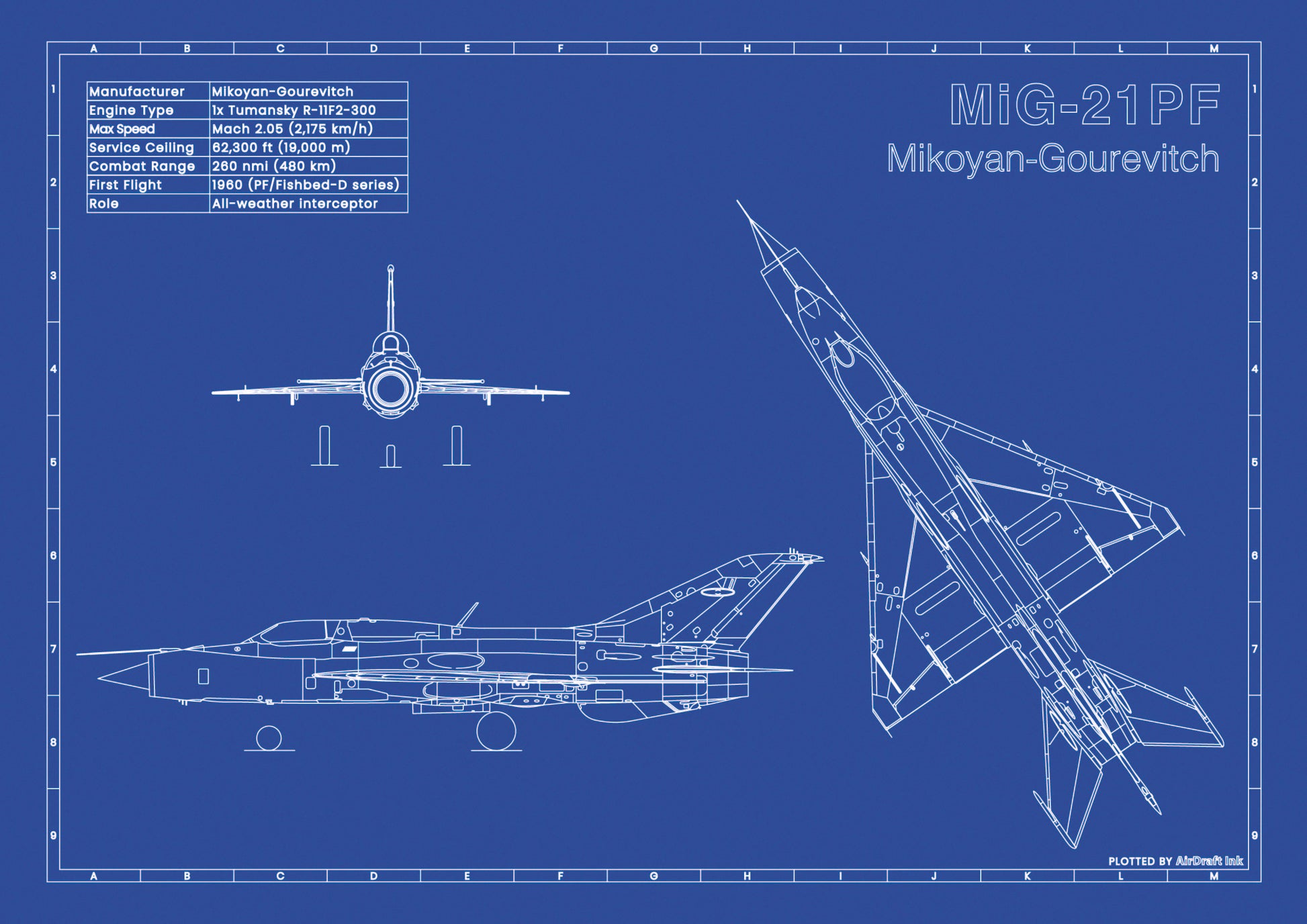 Mig-21 PF technical aircraft plan drawing in blueprint style, aviation wall art poster gift for aircraft enthusiasts and pilots.