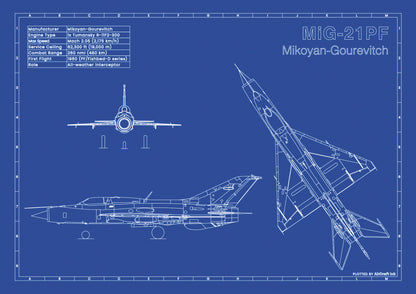 Mig-21 PF technical aircraft plan drawing in blueprint style, aviation wall art poster gift for aircraft enthusiasts and pilots.