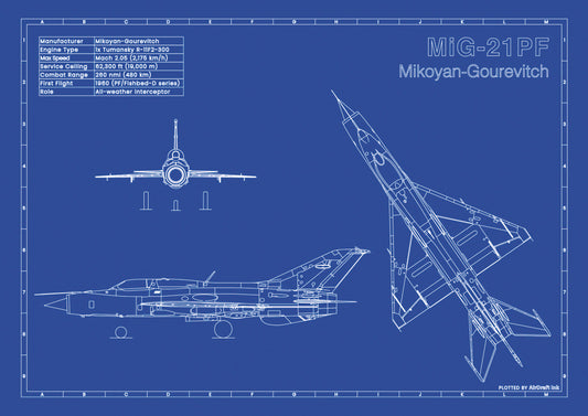 Mig-21 PF technical aircraft plan drawing in blueprint style, aviation wall art poster gift for aircraft enthusiasts and pilots.