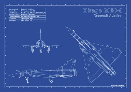 Mirage 2000-5 technical aircraft plan drawing in blueprint style, aviation wall art poster gift for aircraft enthusiasts and pilots.