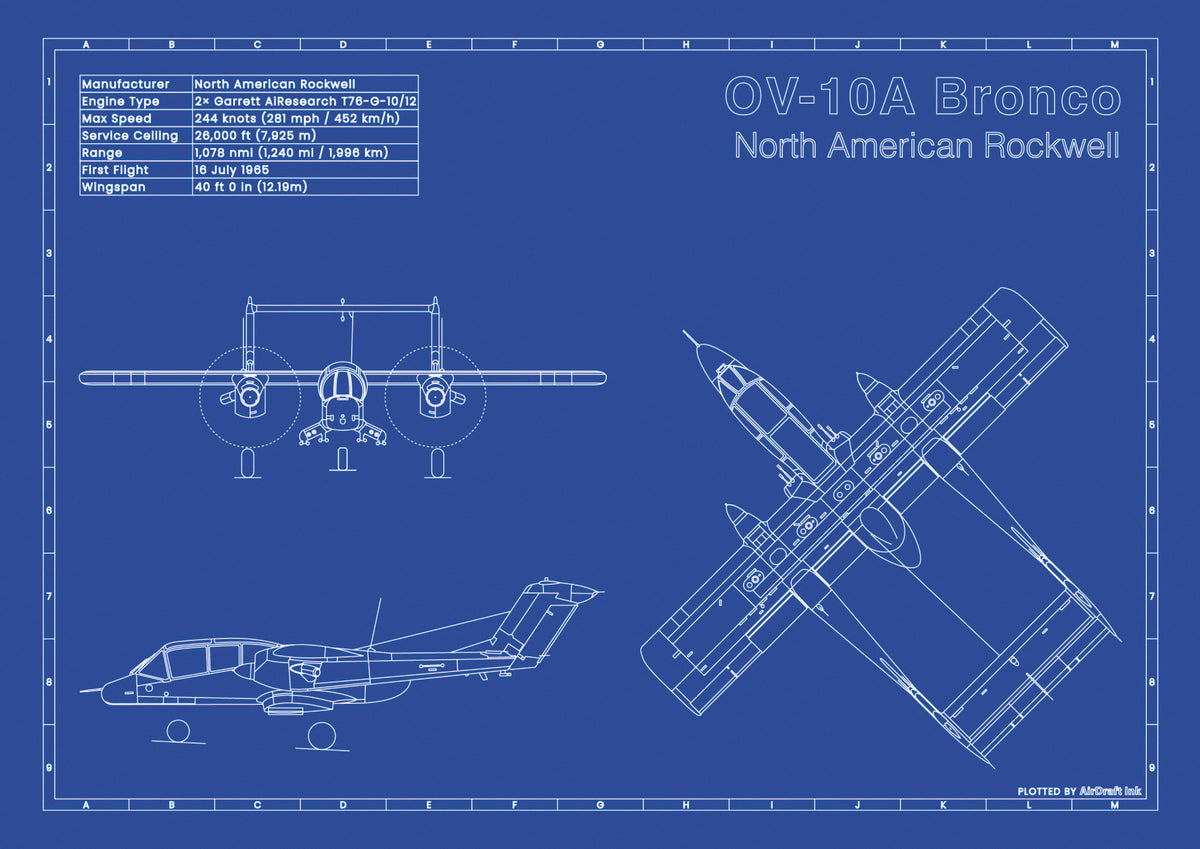 North American Rockwell OV-10A Bronco technical aircraft plan drawing in blueprint style, aviation wall art poster gift for aircraft enthusiasts and pilots.