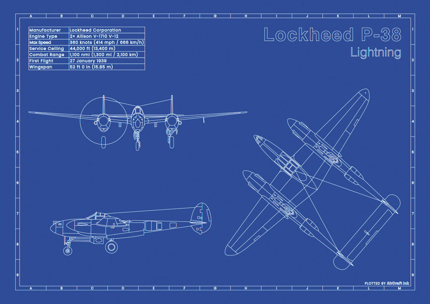Lockheed P-38 Lightning technical aircraft plan drawing in blueprint style, aviation wall art poster gift for aircraft enthusiasts and pilots.