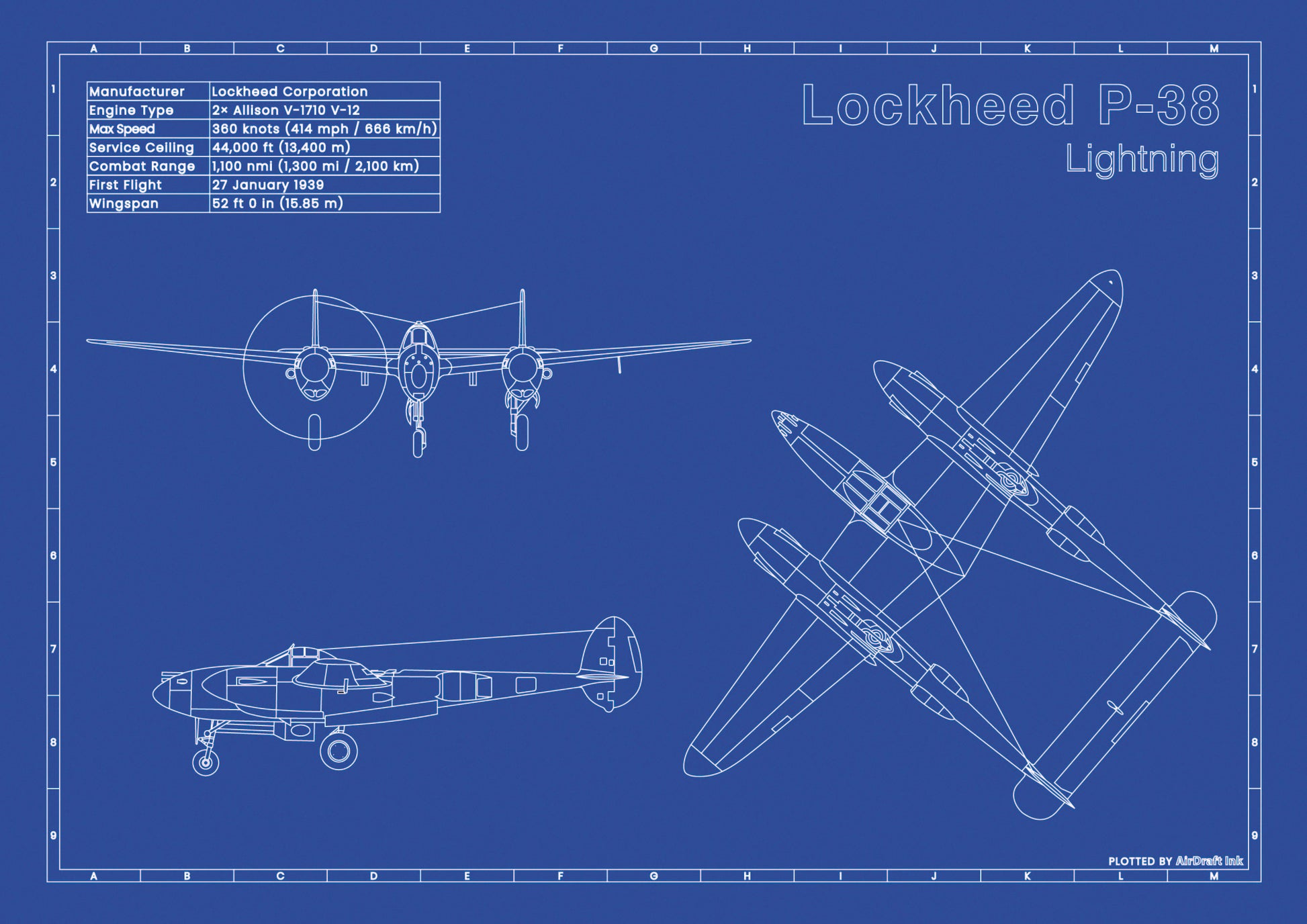 Lockheed P-38 Lightning technical aircraft plan drawing in blueprint style, aviation wall art poster gift for aircraft enthusiasts and pilots.