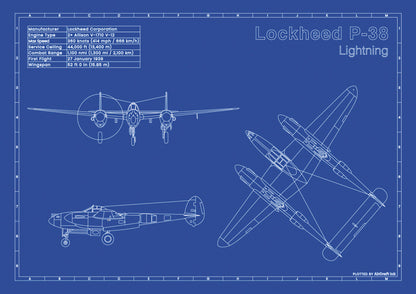 Lockheed P-38 Lightning technical aircraft plan drawing in blueprint style, aviation wall art poster gift for aircraft enthusiasts and pilots.