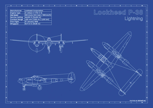 Lockheed P-38 Lightning technical aircraft plan drawing in blueprint style, aviation wall art poster gift for aircraft enthusiasts and pilots.