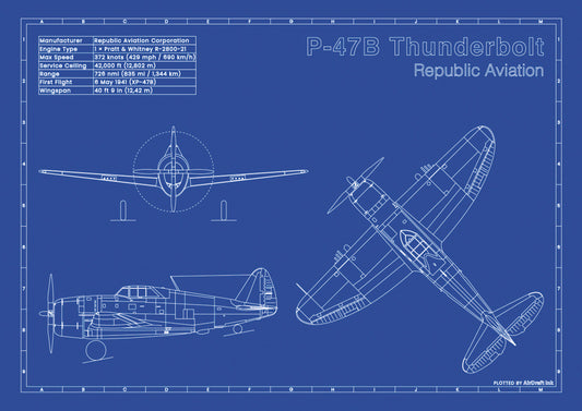 P-47B Thunderbolt technical aircraft plan drawing in blueprint style, aviation wall art poster gift for aircraft enthusiasts and pilots.